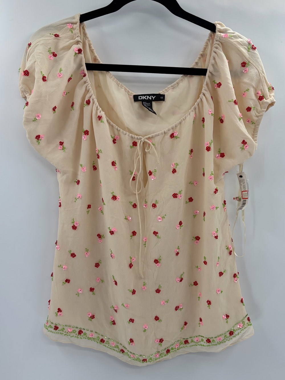 Vintage DKNY Cream Peasant Blouse with Pink and Red Floral Embroidery